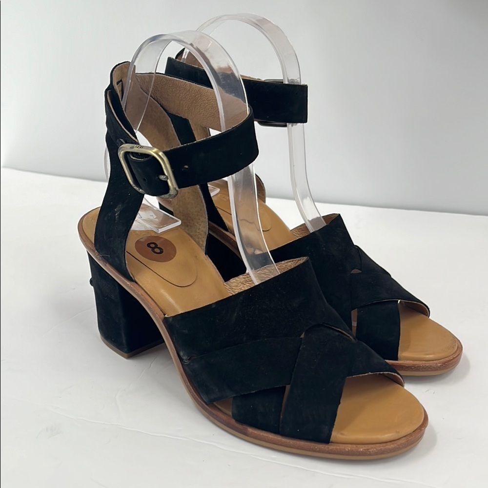 UGG Sandra Nubuck Leather Heels Black Strappy Sandals Open Toe Ankle Strap 8